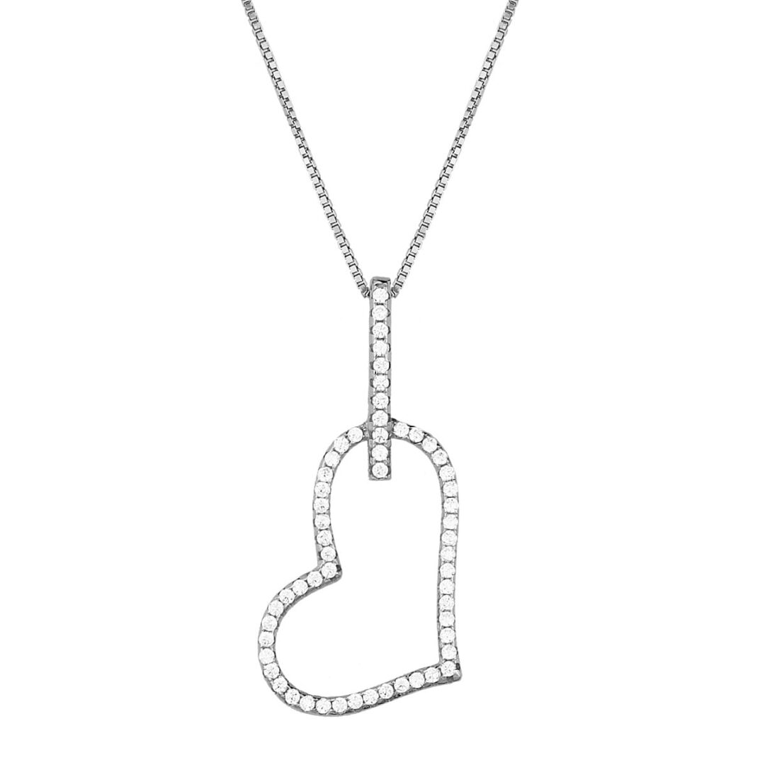 Oblique heart pendant in silver 925°, decorated with white zircons. Accompanied by a silver chain 925°.