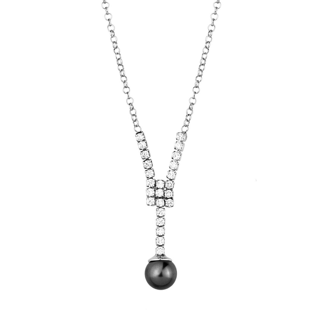 Necklace with synthetic grey Tahitian pearl round, with a base decorated with white zircons and a silver chain 925°.