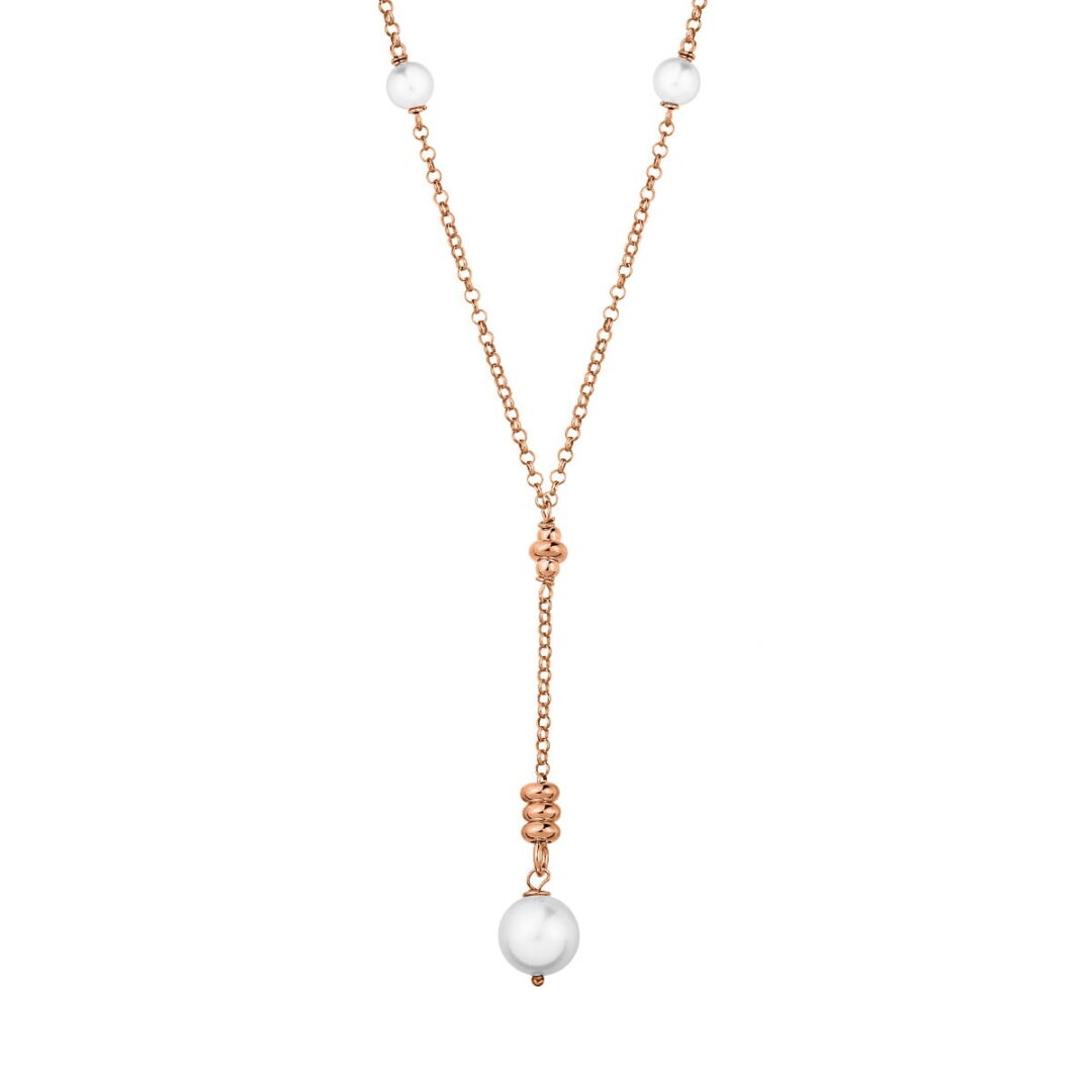 Chain necklace made of pink gold plated silver 925°, decorated with synthetic pearls and silver grommets.