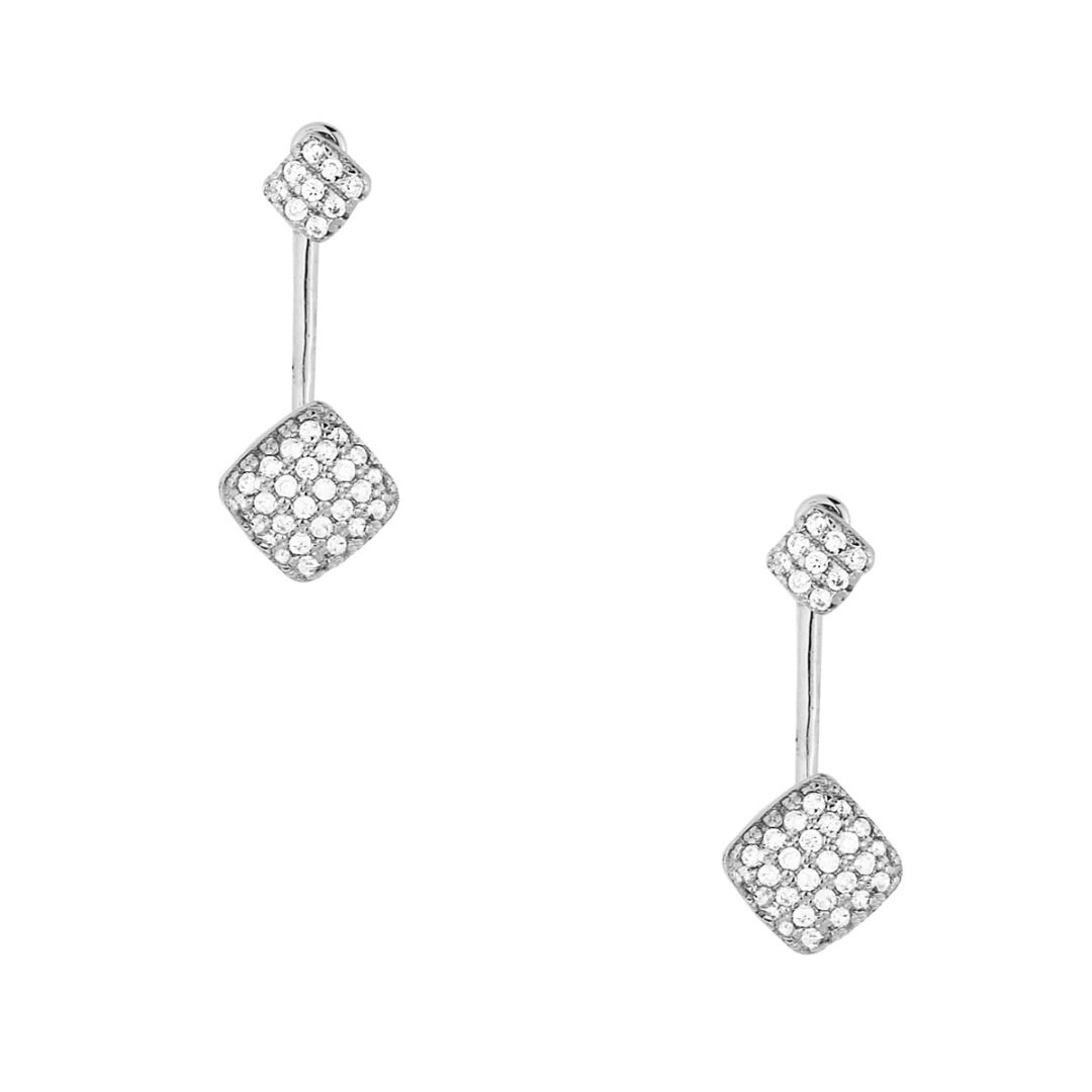 Ear jacket rhombus earrings made of silver 925°, double, with white zirconia rosettes worn behind the ear.