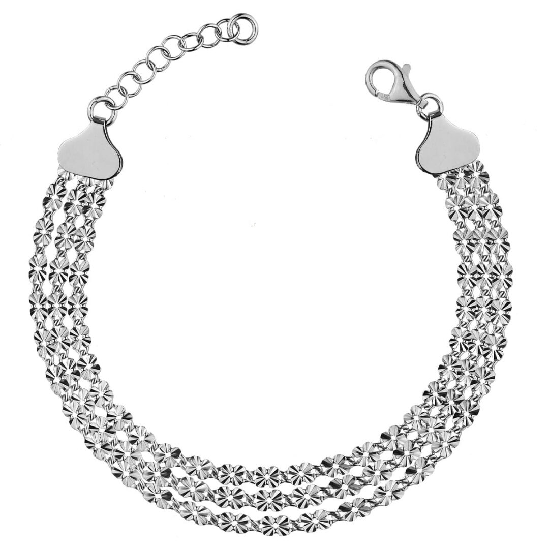 Bracelet of silver 925° with triple chain of diamond flower shaped hoops.