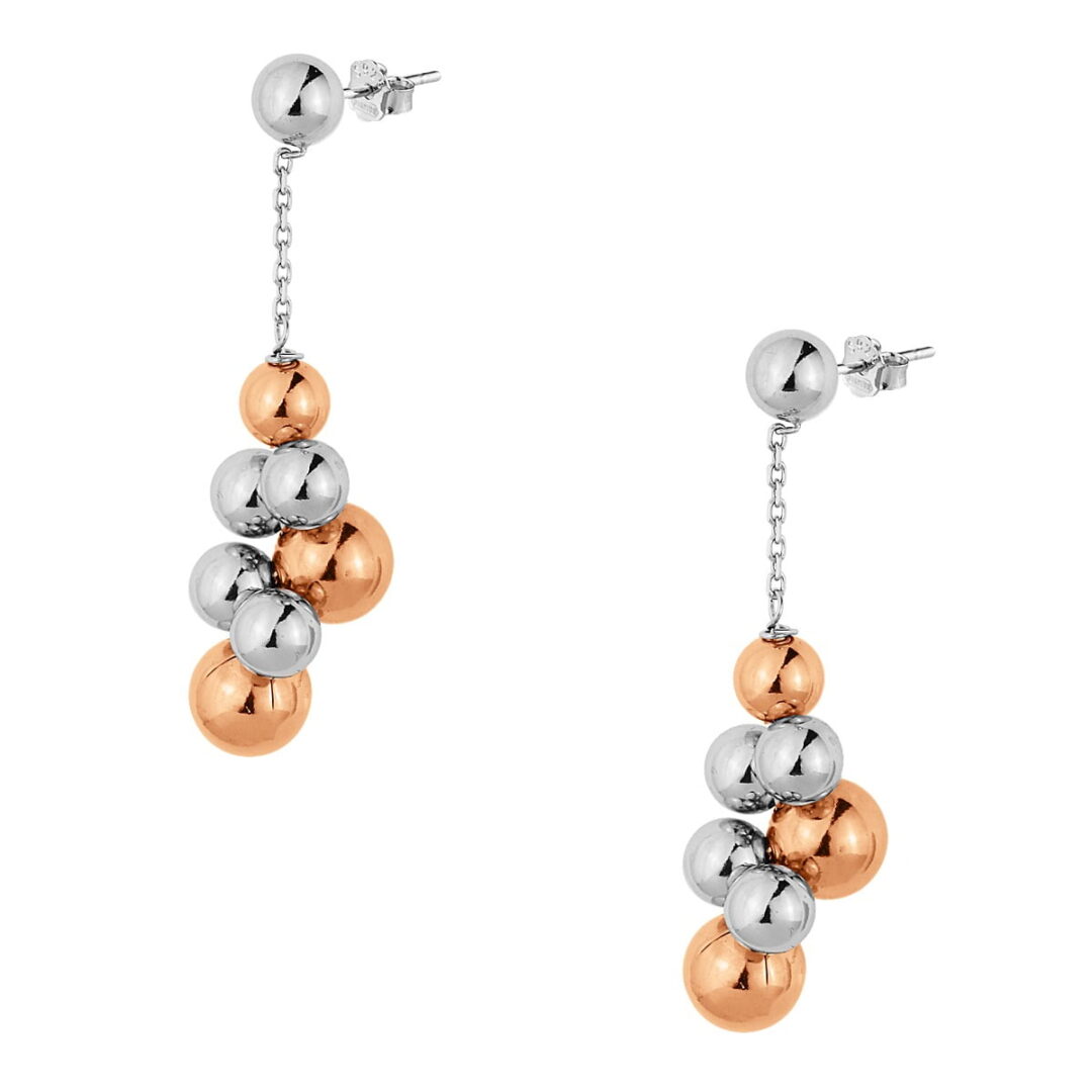 Earrings of silver and rose gold plated silver 925° made of marbles tied on a chain with a pin clasp.