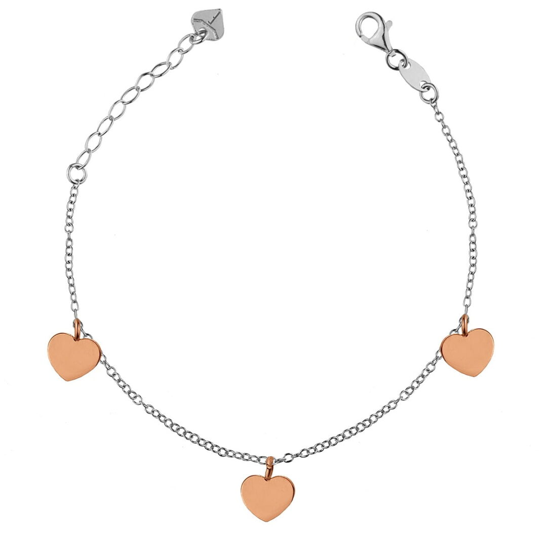 Bracelet of silver 925° with silver chain decorated with pink gold plated hearts.