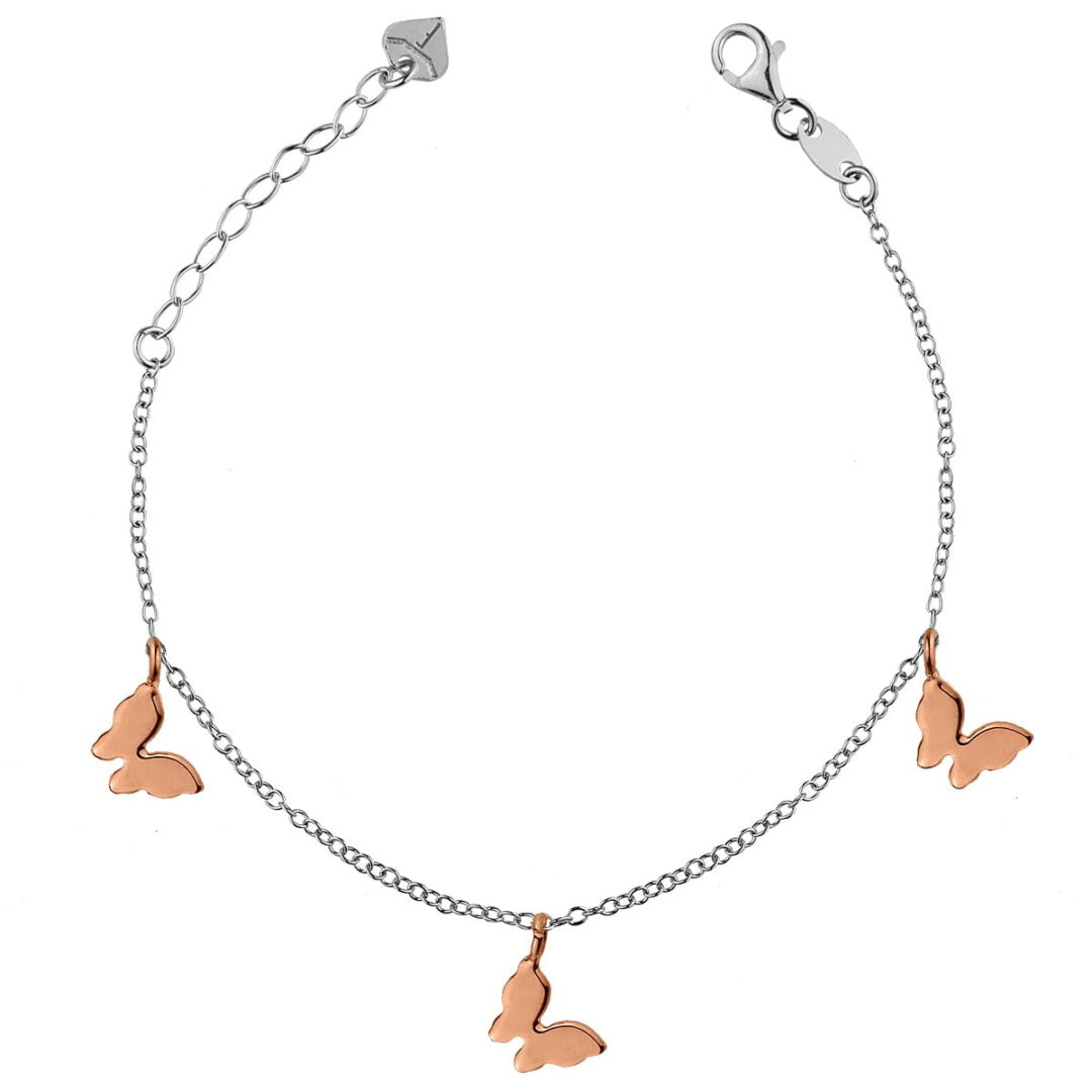 Bracelet of silver 925° with silver chain decorated with pink gold plated butterflies.