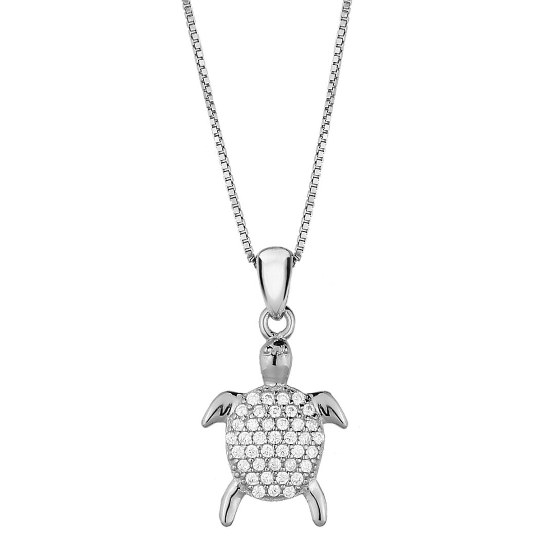 Turtle pendant in silver 925°, decorated with white zircons. Accompanied by a silver chain 925°.