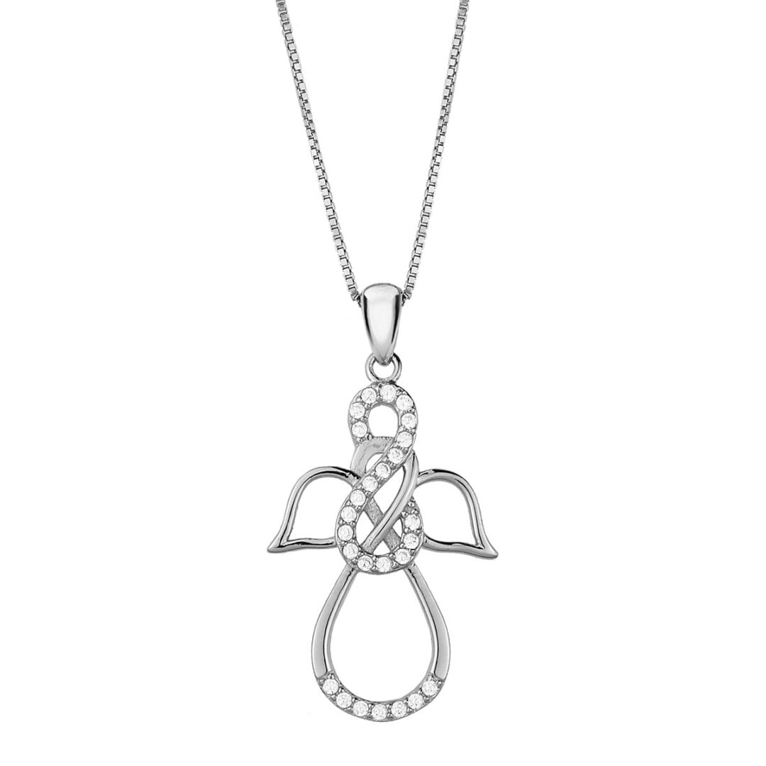 Pendant angel with infinity in silver 925°, decorated with white zircons. Accompanied by a silver chain 925°.