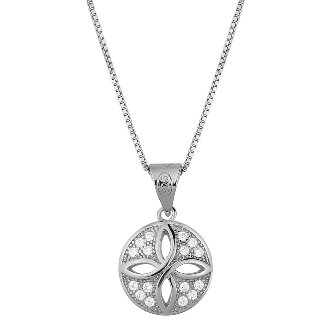 Round pendant with a cross in silver 925°, decorated with white zircons. Accompanied by a 925° silver chain