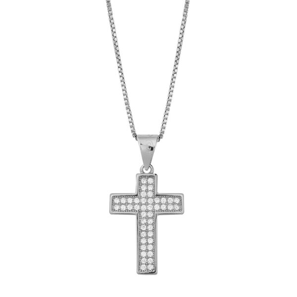 Ασημένιος σταυρός σε γεωμετρικό σχήμα διακοσμημένο με λευκά ζιρκόνια.