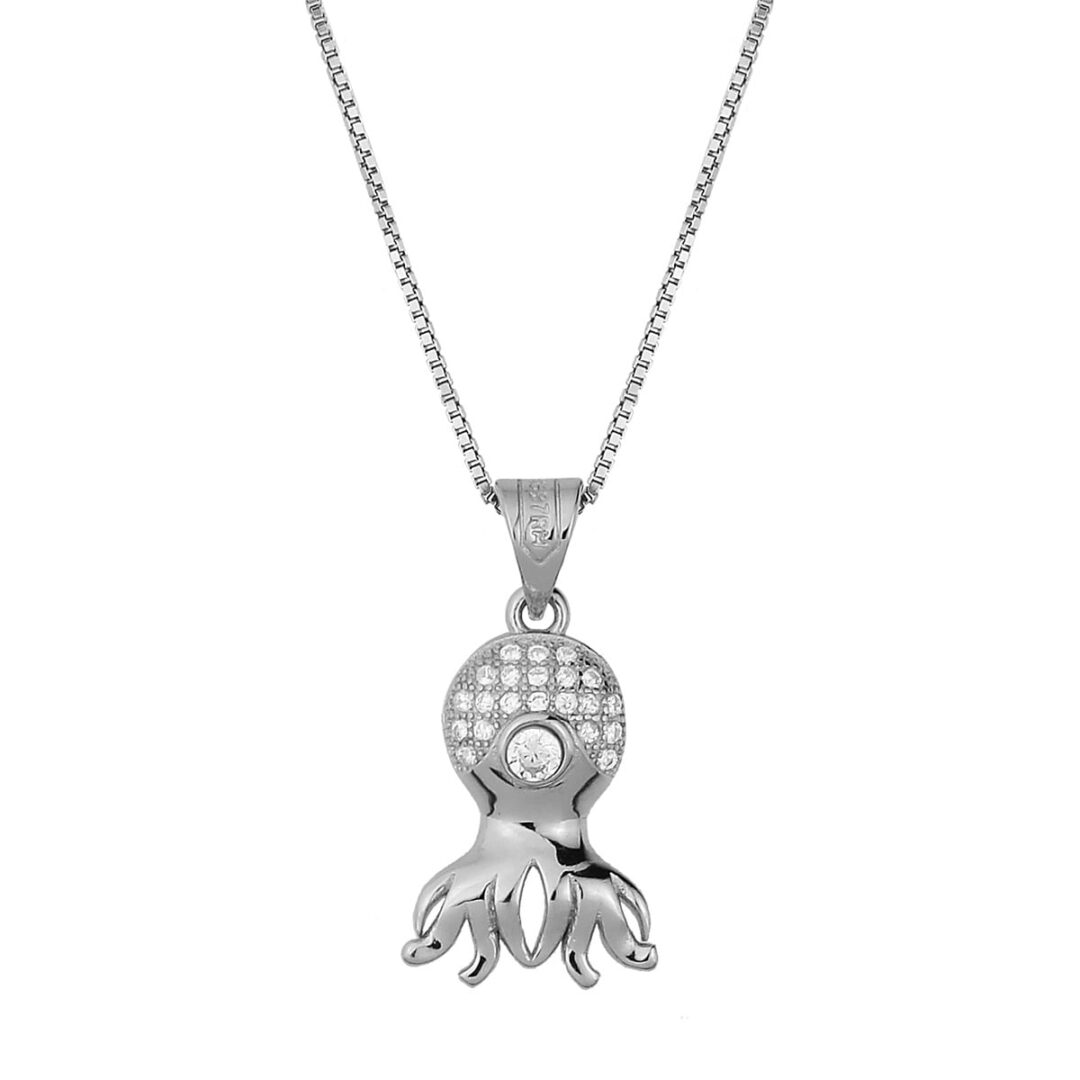 Octopus pendant in silver 925°, decorated with white zircons. Accompanied by a silver chain 925°.