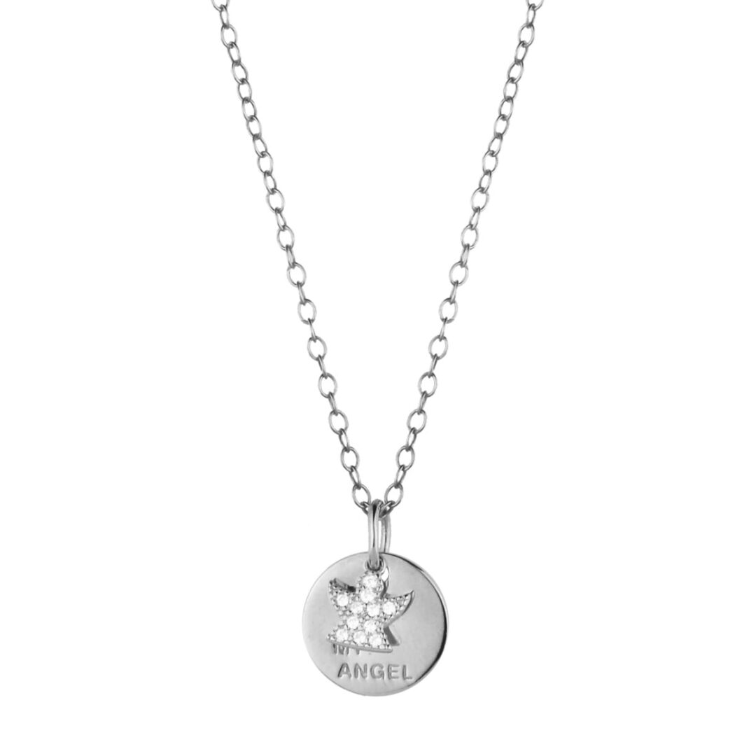 Pendant made of platinum plated silver 925° with hidden message My Angel and angel decorated with white zircons. Accompanied by a silver chain.