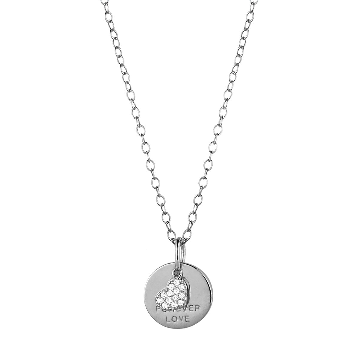 Pendant made of platinum plated silver 925° with hidden message Forever Love and heart decorated with white zircons. Accompanied by a silver chain.