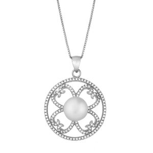 Round base with a motif decorated with zircons and a big pearl in silver 925°. Accompanied by a silver chain 925°.