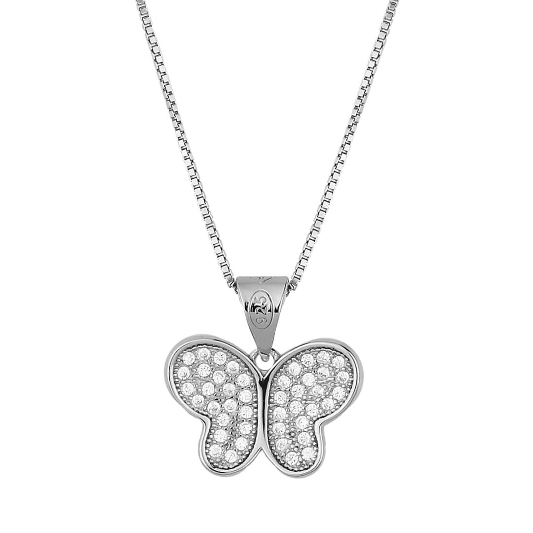 Pendant made of silver 925°, with a butterfly decorated with white zircons. Accompanied by a silver chain.