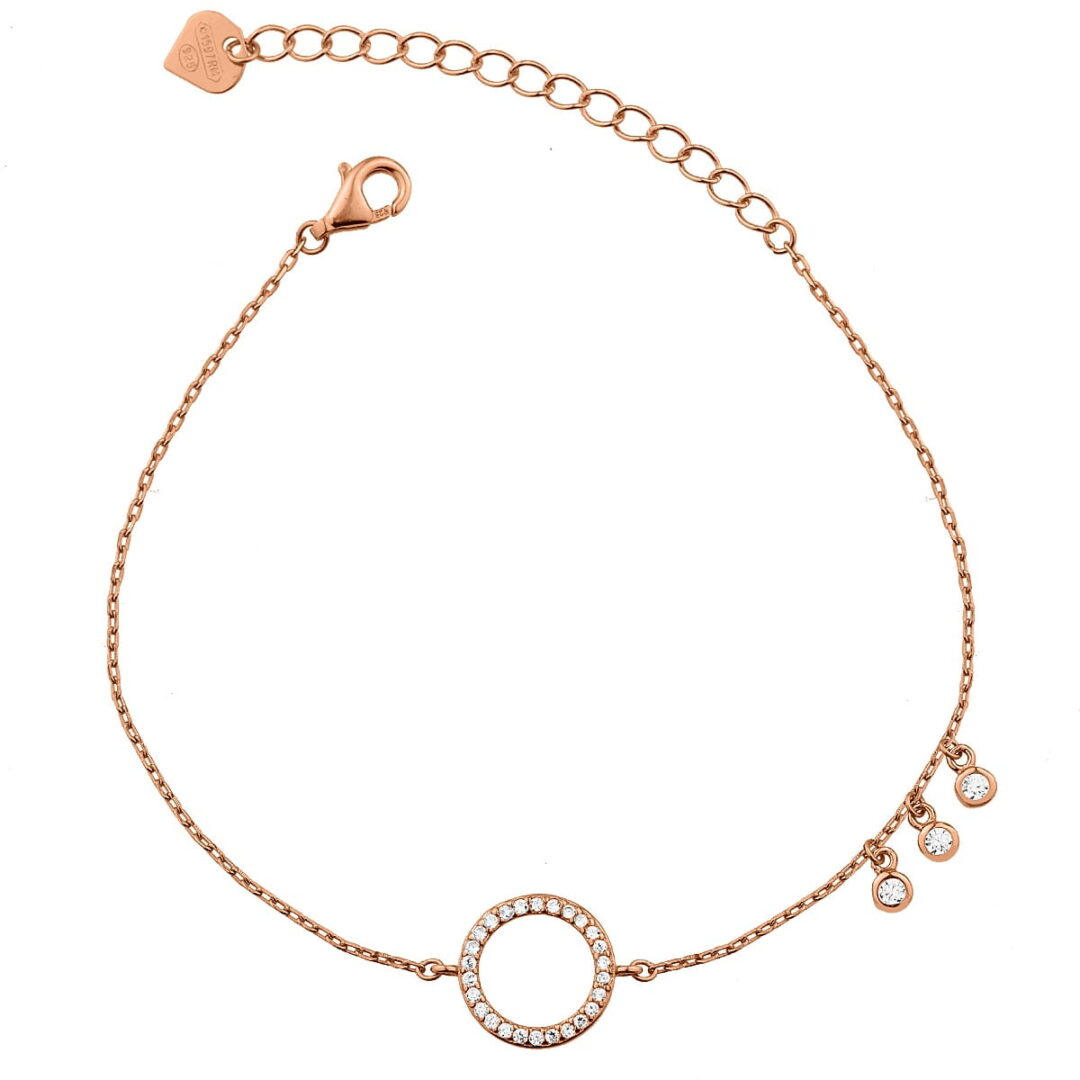 Bracelet made of pink gold plated silver 925° with a circle decorated with white zircons, and decorative three solitaire stones.