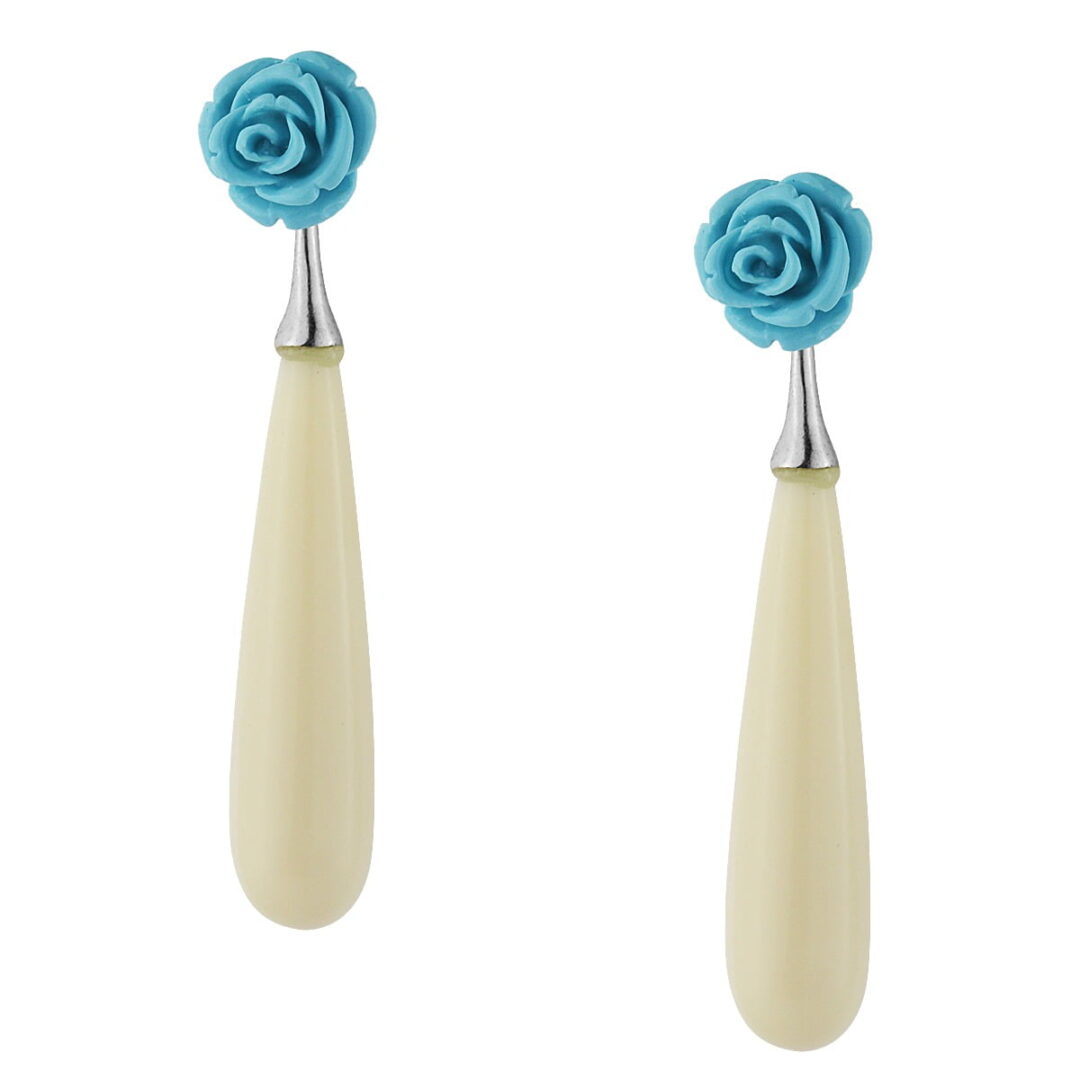 Double earrings with elements of silver 925°, with white paste tear and turquoise rose, which can be worn independently.