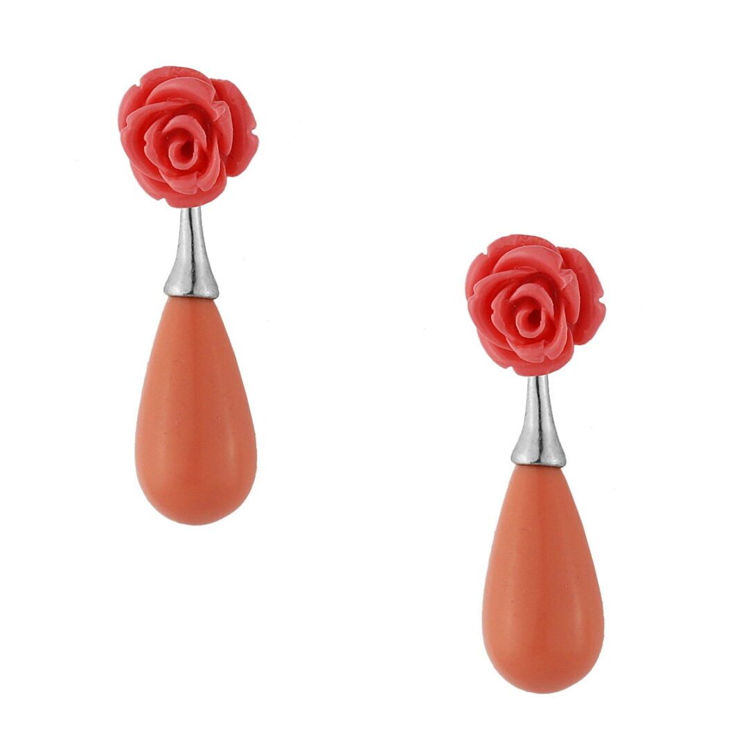Double earrings with elements of silver 925°, with a tear of salmon paste and a rose of salmon color, which can be worn independently.