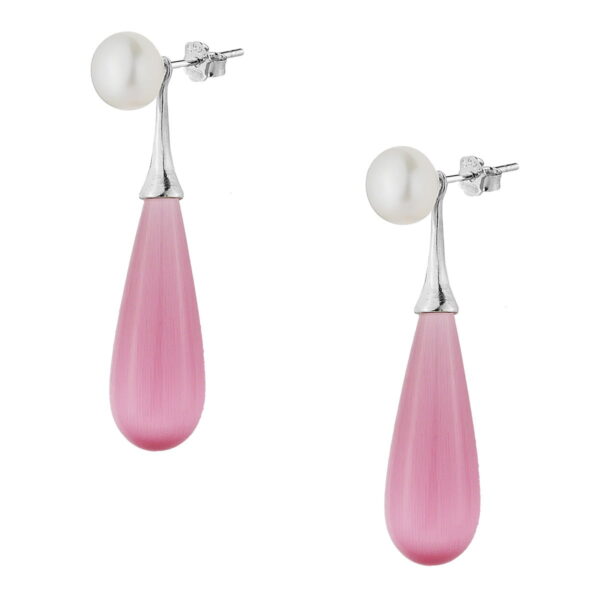 Σκουλαρίκια διπλά με στοιχεία από ασήμι 925°, με ροζ  δάκρυ γυάλινο και λευκή πέρλα, οι οποίες φοριούνται και ανεξάρτητα.