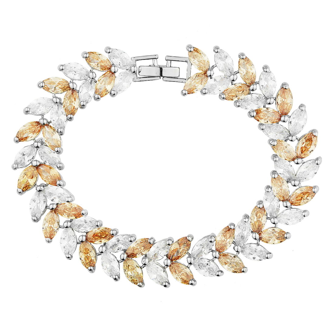 Leaves bracelet silver with white zircons