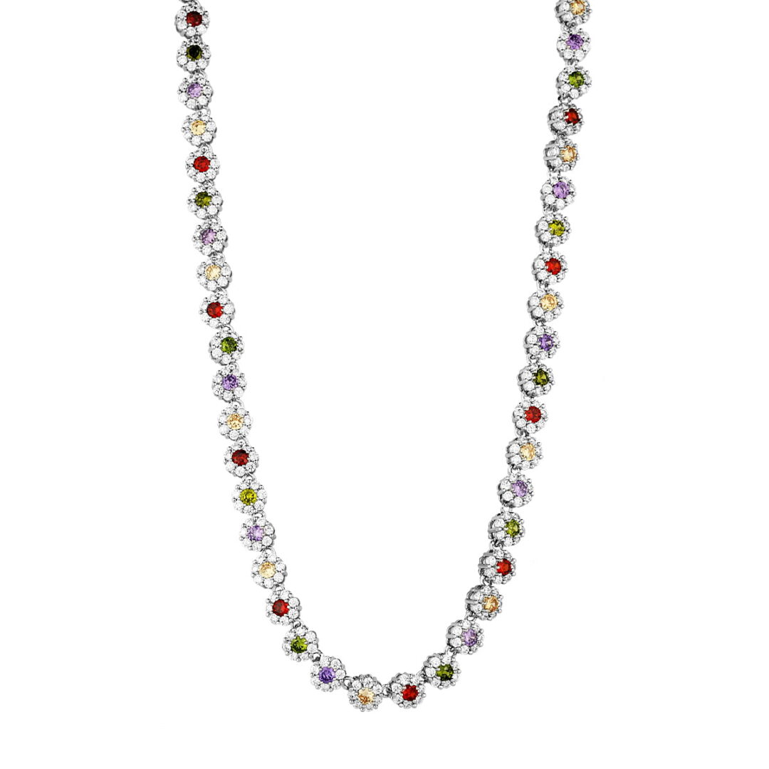 Silver necklace with multicoloured rosette